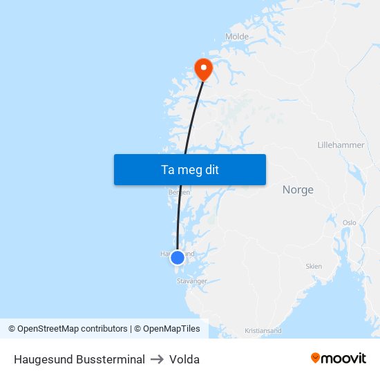 Haugesund Bussterminal to Volda map