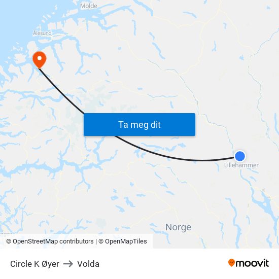 Circle K Øyer to Volda map