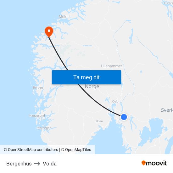 Bergenhus to Volda map