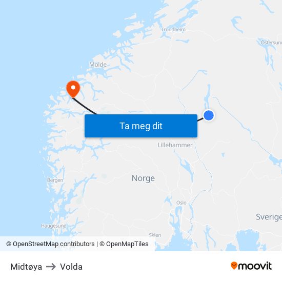 Midtøya to Volda map
