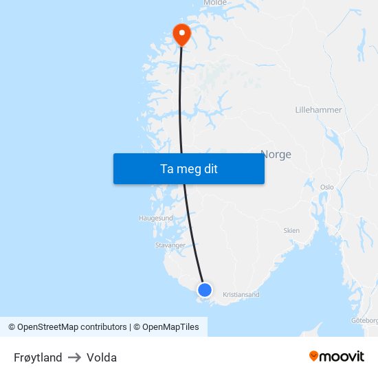 Frøytland to Volda map