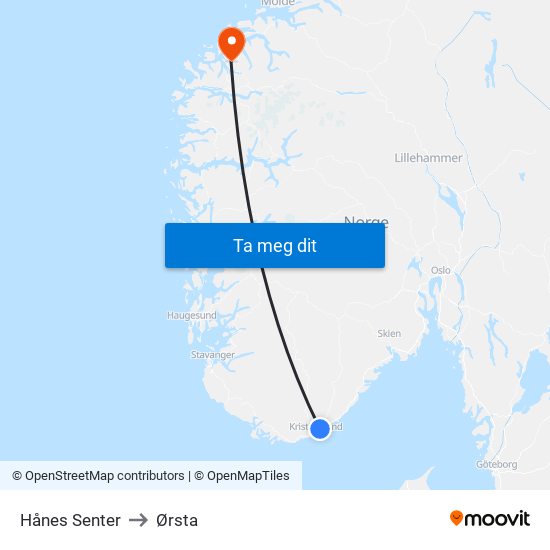 Hånes Senter to Ørsta map