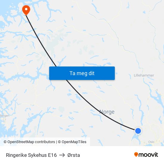 Ringerike Sykehus E16 to Ørsta map