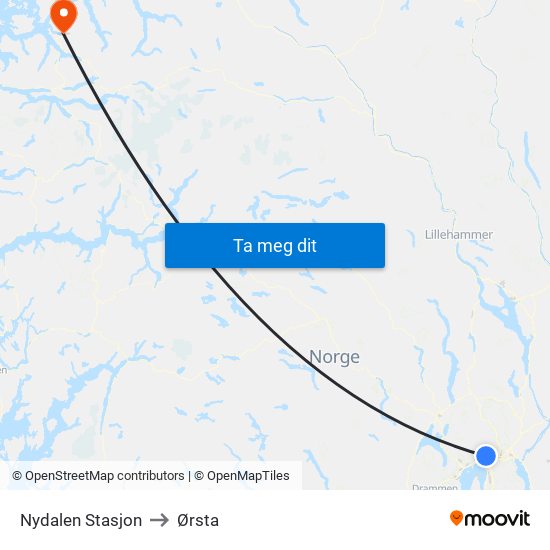 Nydalen Stasjon to Ørsta map