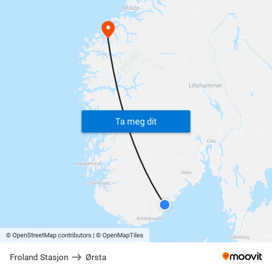 Froland Stasjon to Ørsta map