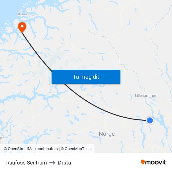 Raufoss Sentrum to Ørsta map