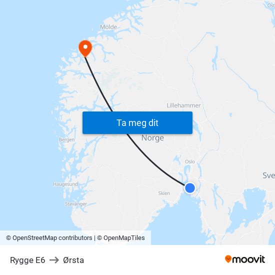 Rygge E6 to Ørsta map