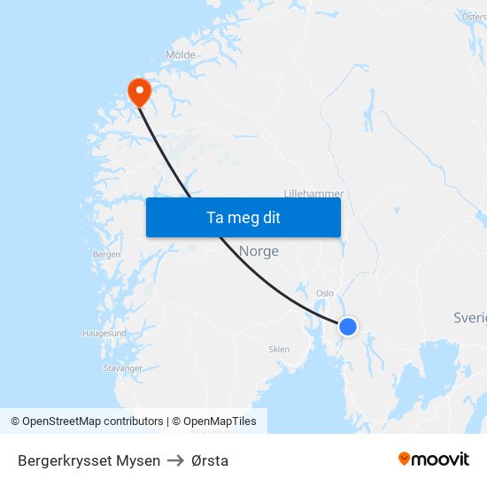 Bergerkrysset Mysen to Ørsta map