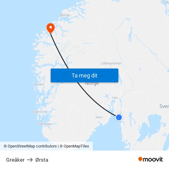 Greåker to Ørsta map