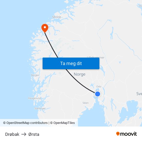 Drøbak to Ørsta map