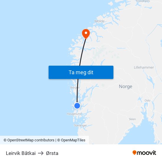 Leirvik Båtkai to Ørsta map