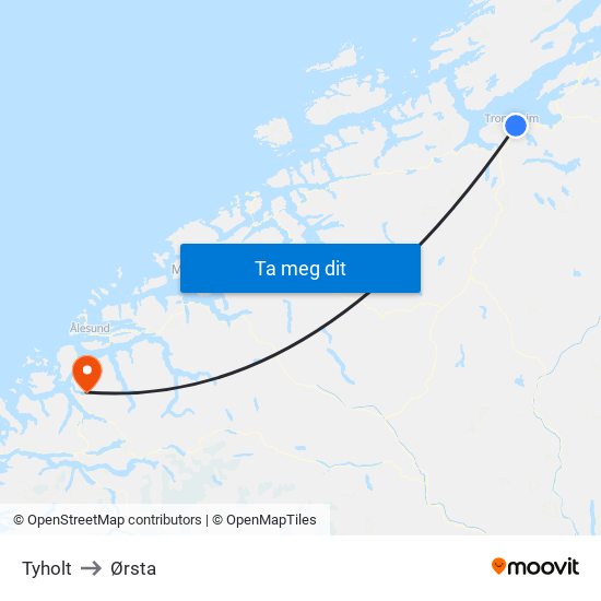 Tyholt to Ørsta map
