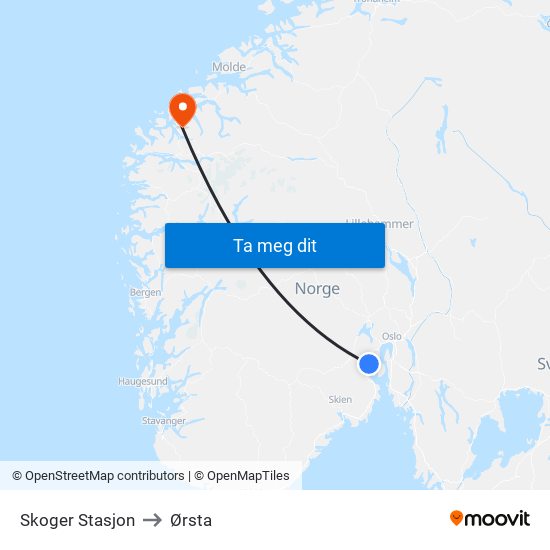 Skoger Stasjon to Ørsta map