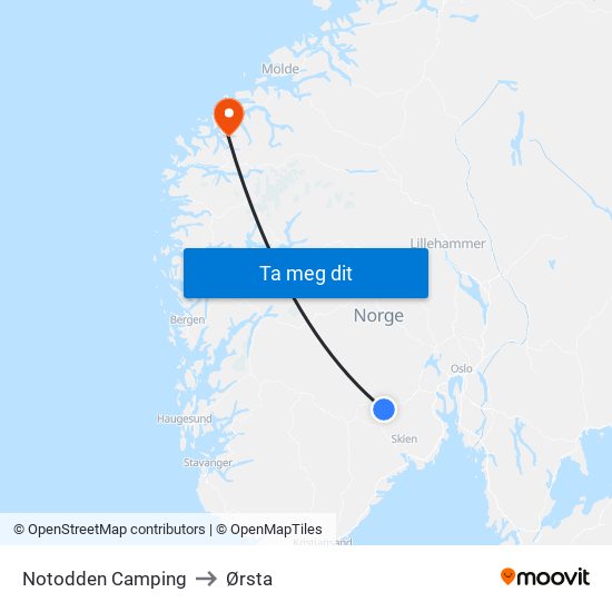 Notodden Camping to Ørsta map