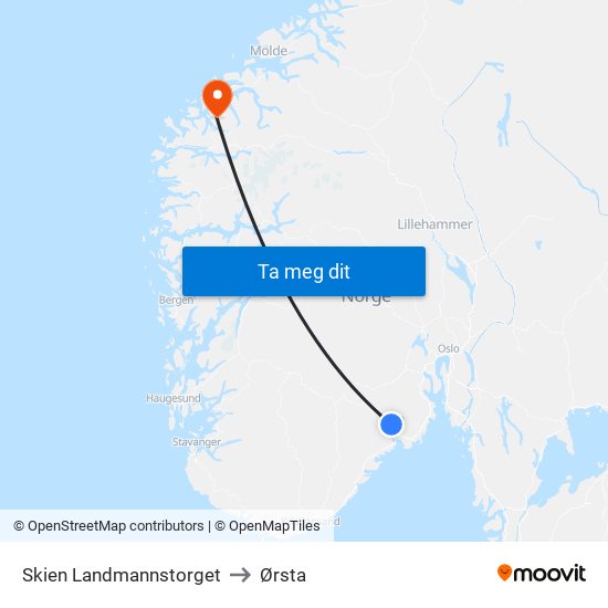 Skien Landmannstorget to Ørsta map