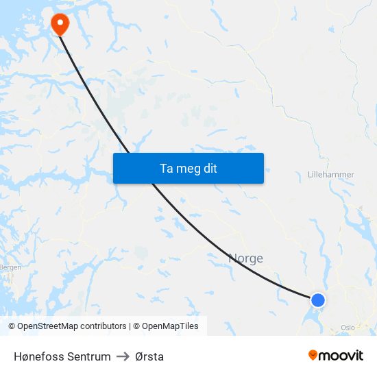 Hønefoss Sentrum to Ørsta map