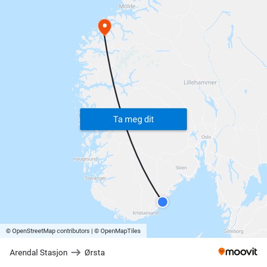 Arendal Stasjon to Ørsta map