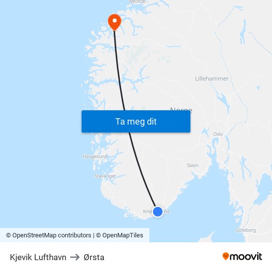 Kjevik Lufthavn to Ørsta map