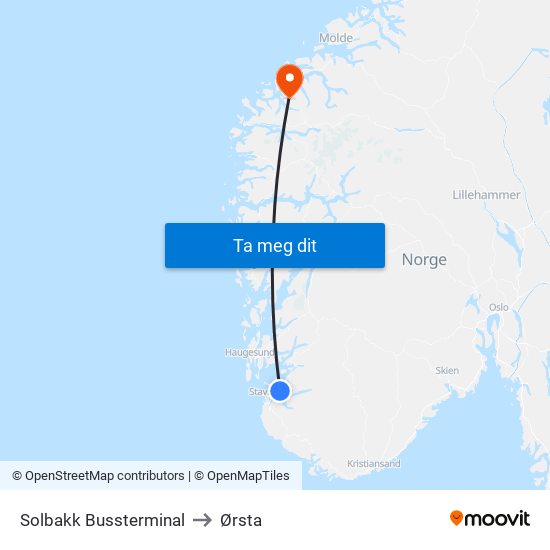 Solbakk Bussterminal to Ørsta map