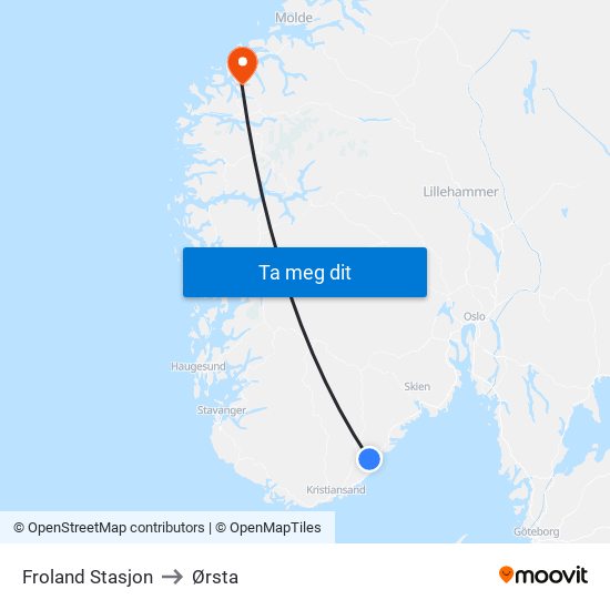 Froland Stasjon to Ørsta map