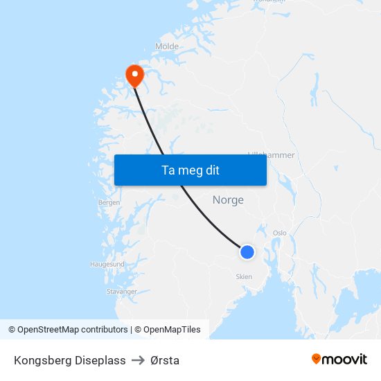 Kongsberg Diseplass to Ørsta map