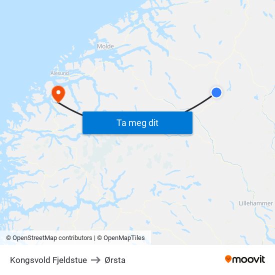 Kongsvold Fjeldstue to Ørsta map