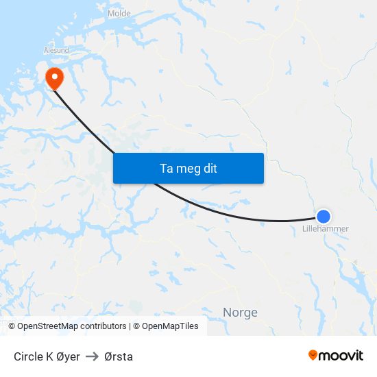 Circle K Øyer to Ørsta map