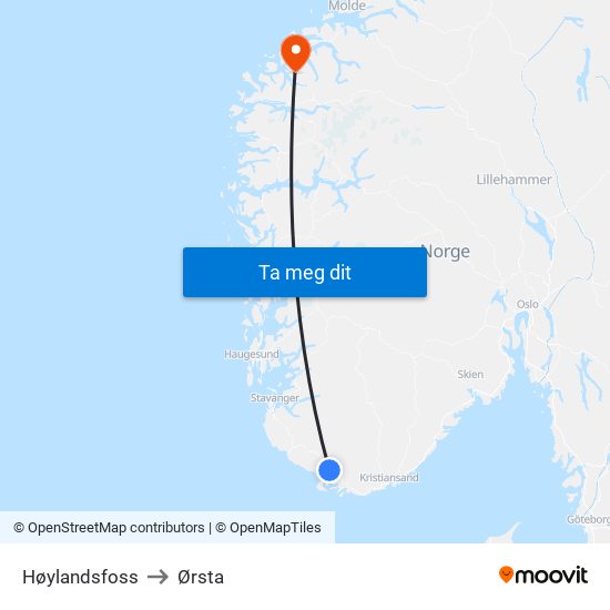 Høylandsfoss to Ørsta map