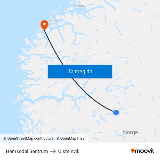 Hemsedal Sentrum to Ulsteinvik map