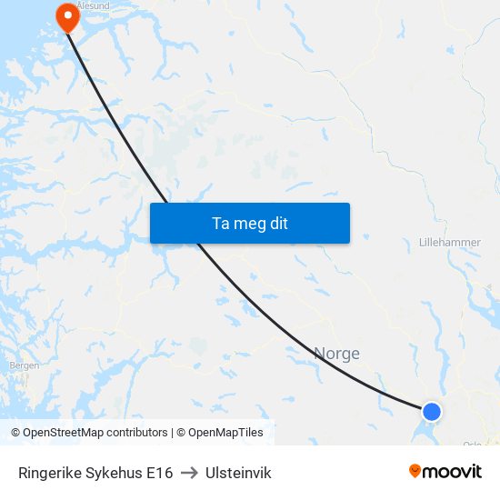 Ringerike Sykehus E16 to Ulsteinvik map