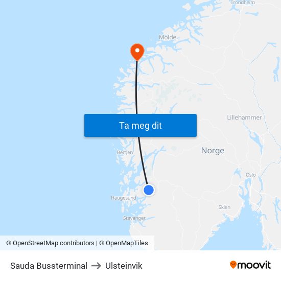 Sauda Bussterminal to Ulsteinvik map