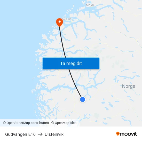 Gudvangen E16 to Ulsteinvik map