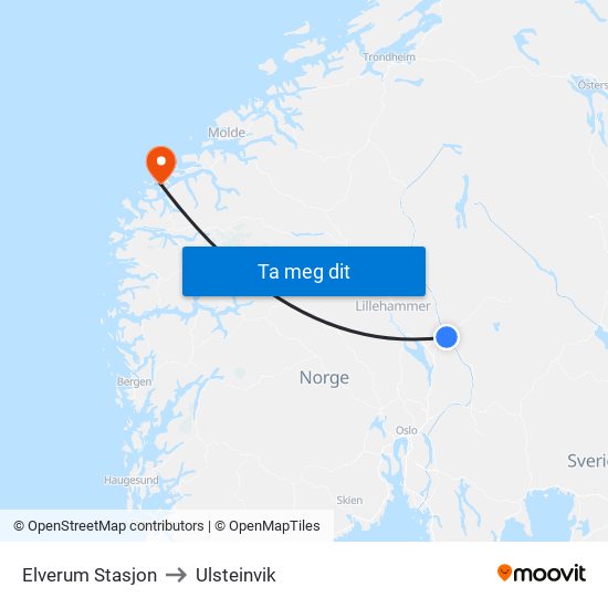 Elverum Stasjon to Ulsteinvik map