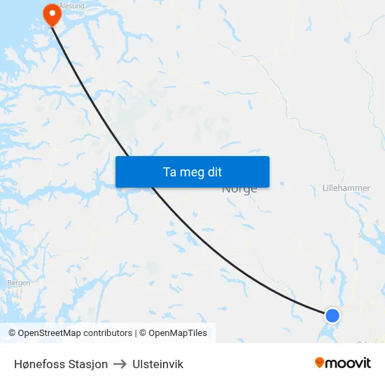 Hønefoss Stasjon to Ulsteinvik map