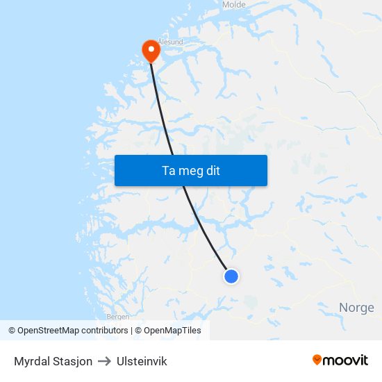 Myrdal Stasjon to Ulsteinvik map