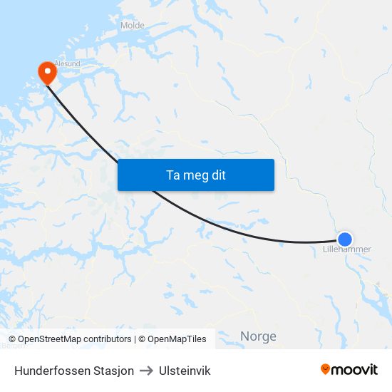 Hunderfossen Stasjon to Ulsteinvik map