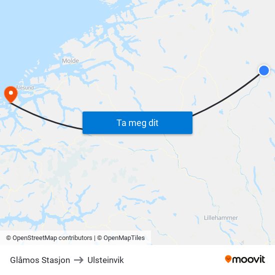 Glåmos Stasjon to Ulsteinvik map