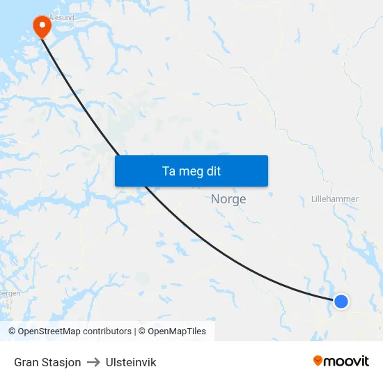 Gran Stasjon to Ulsteinvik map