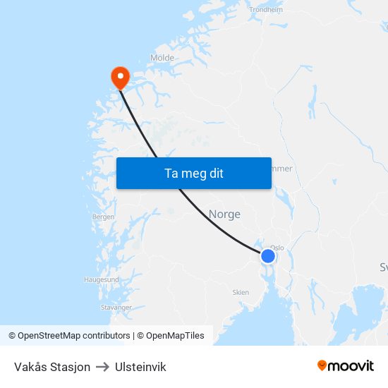 Vakås Stasjon to Ulsteinvik map
