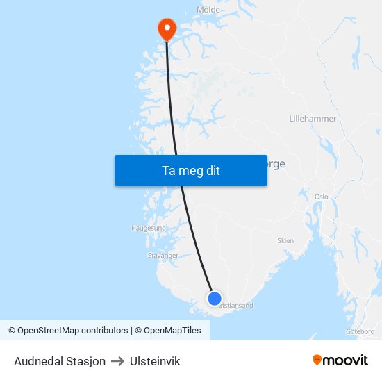Audnedal Stasjon to Ulsteinvik map