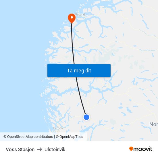 Voss Stasjon to Ulsteinvik map