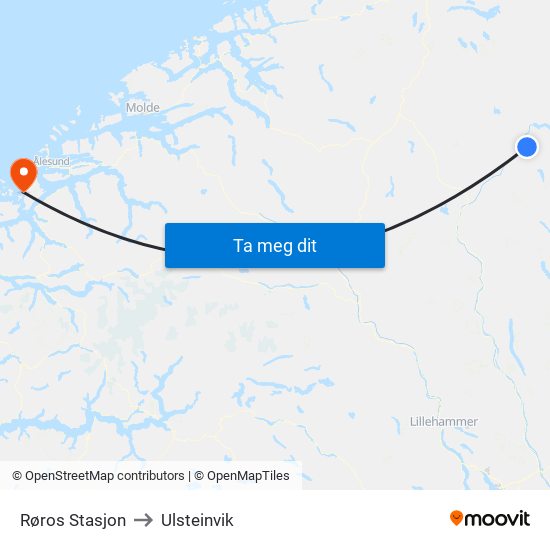 Røros Stasjon to Ulsteinvik map