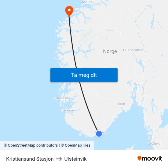 Kristiansand Stasjon to Ulsteinvik map