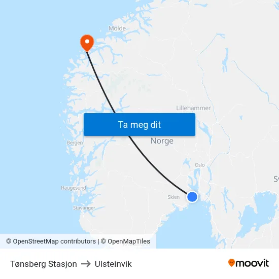 Tønsberg Stasjon to Ulsteinvik map