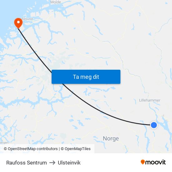 Raufoss Sentrum to Ulsteinvik map