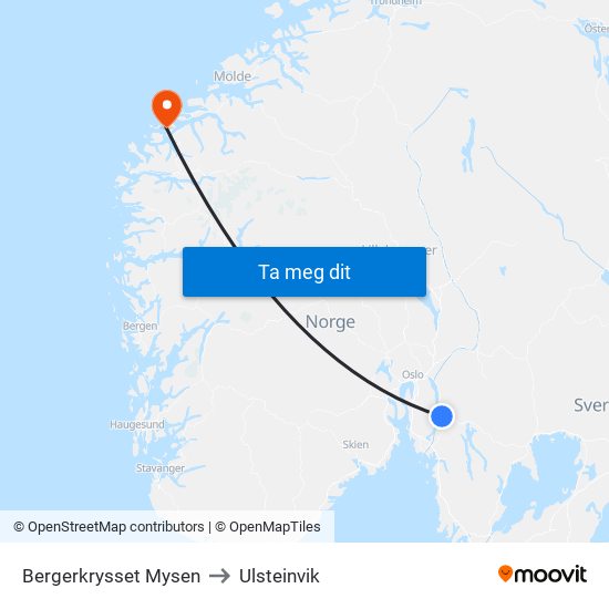 Bergerkrysset Mysen to Ulsteinvik map