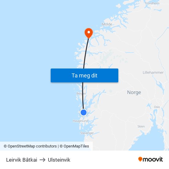 Leirvik Båtkai to Ulsteinvik map