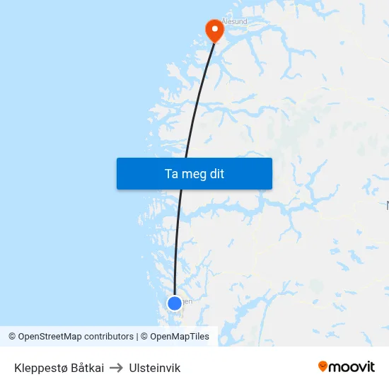 Kleppestø Båtkai to Ulsteinvik map