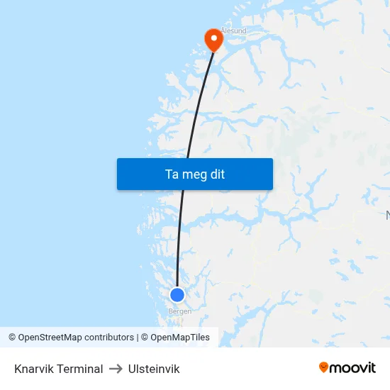 Knarvik Terminal to Ulsteinvik map