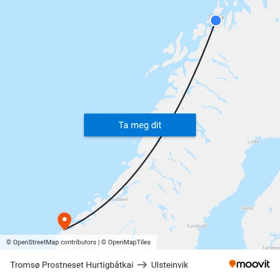 Tromsø Prostneset Hurtigbåtkai to Ulsteinvik map